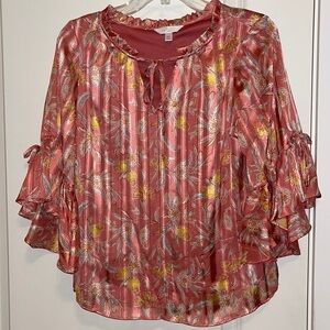 Lauren Conrad Soft Coral Tones Floral Bell Sleeve Top Women’s XS